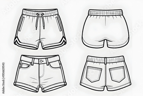 Four different styles of women's shorts are depicted in black and white technical flat sketches for fashion design.