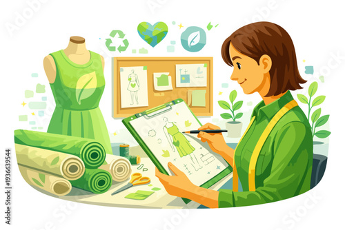 Female designer working on sustainable fashion with eco-friendly materials.