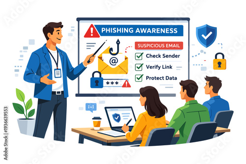 Phishing awareness training session with professional presenter and engaged team.