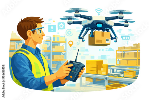 Male drone operator in warehouse managing automated package delivery system.