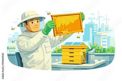Male beekeeper examining honeycomb in urban rooftop garden with hives and solar panels.