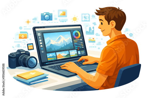 Young caucasian male editing photos on laptop with camera and graphic interface.