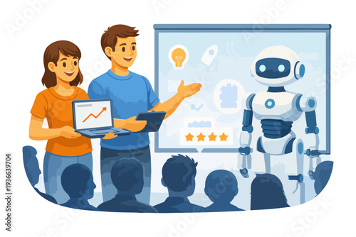 Young caucasian adults presenting ai robot to audience with digital devices.