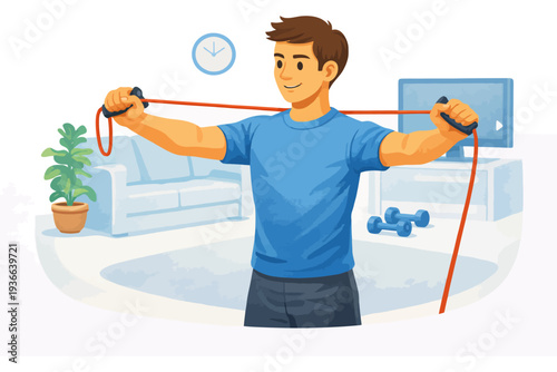 Young caucasian male exercising with resistance bands at home.