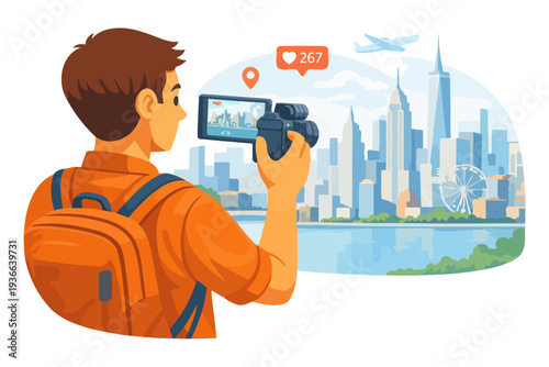 Young caucasian male tourist capturing skyline with camcorder.