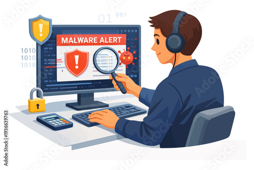 Male it professional detecting malware on computer screen in office setting.