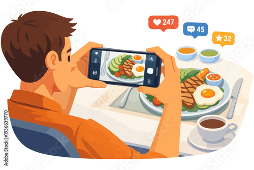 Young caucasian male photographing breakfast for social media.