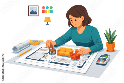 Young hispanic female designing interior with miniature furniture and floor plan.