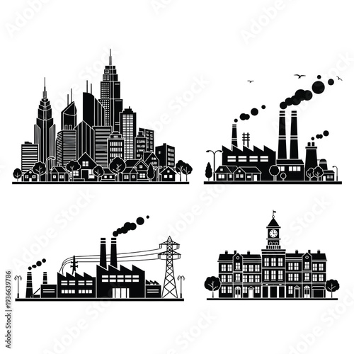 A collection of black silhouette icons displays urban skylines, industrial factories with smokestacks, and a historic municipal building.