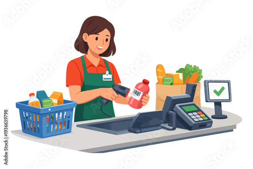 Female cashier scanning groceries at checkout counter in supermarket.