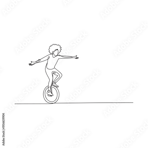 A minimalist line drawing depicts a person riding a unicycle
