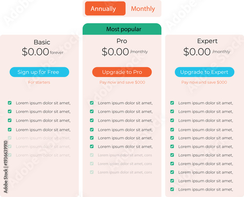 business comparison pricing chart vector design isolated on background. Business Three-Tiered Pricing subscription package for basic, pro and expert on monthly and annual  bases .