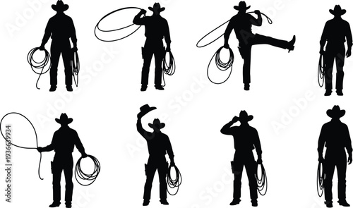Vector illustration of stylized cowboy silhouettes with lassos symbolizing tradition, identity, culture, adventure, and education