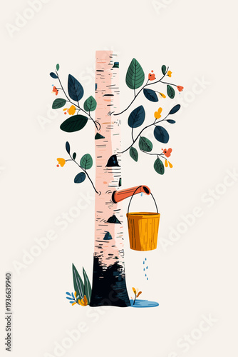 Birch Sap Collection with Wooden Bucket