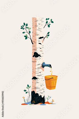 Birch Sap Collection with Wooden Bucket