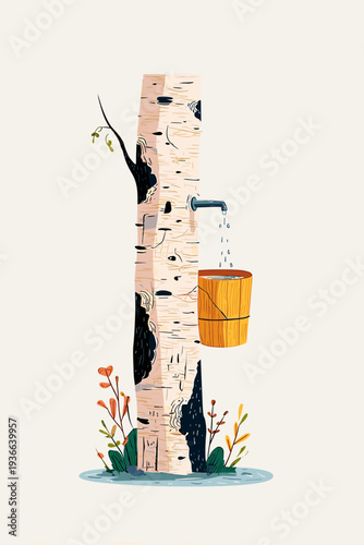 Birch Sap Collection with Wooden Bucket