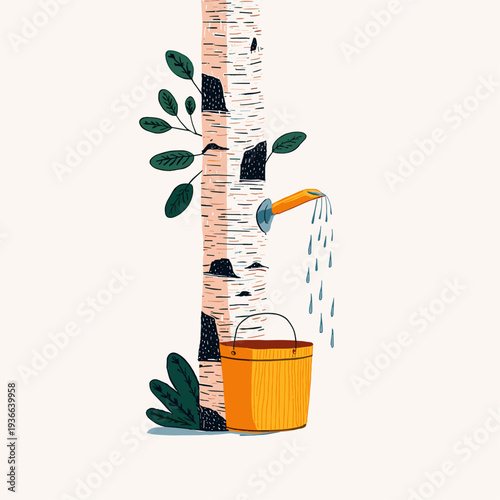 Birch Sap Collection with Wooden Bucket