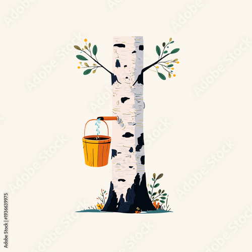 Birch Sap Collection with Wooden Bucket