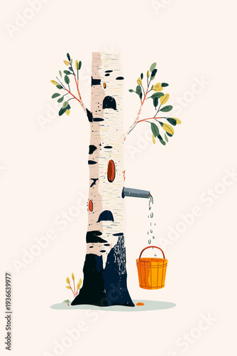 Birch Sap Collection with Wooden Bucket