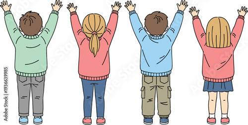 Children raising hands from back view vector illustration happy kids standing together with arms up celebration pose