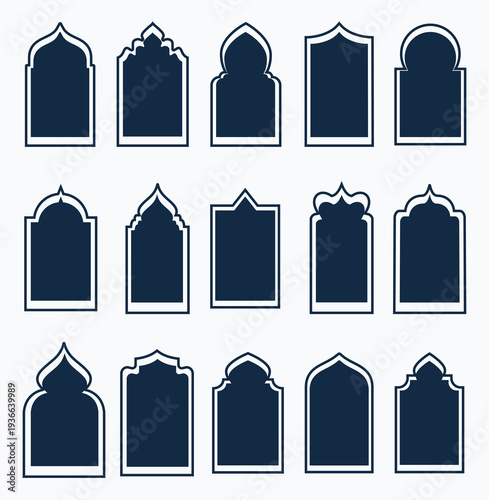 Islamic arch window frames set, pastel mihrab shapes, mosque niche silhouettes, decorative vector templates for Ramadan Eid design. Old islamic window shapes vector set in oriental style.