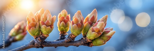 Early Spring Macro Shot of Blooming Tree Buds Against Sunlight with Dreamy Bokeh Background