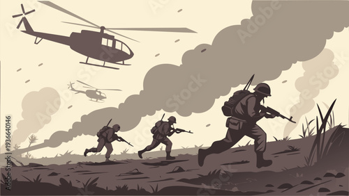 Retro Style Military Tank Advancing Through Battlefield Illustration