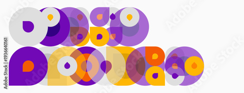 Colorful overlapping circles create abstract pattern. Purple, yellow, white hues dominate composition. Simple geometric shapes present playful design.