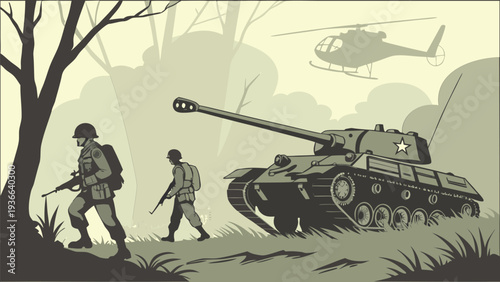 Retro Style Military Tank Advancing Through Battlefield Illustration