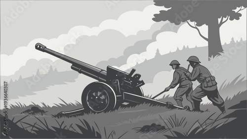 Retro Style Military Tank Advancing Through Battlefield Illustration
