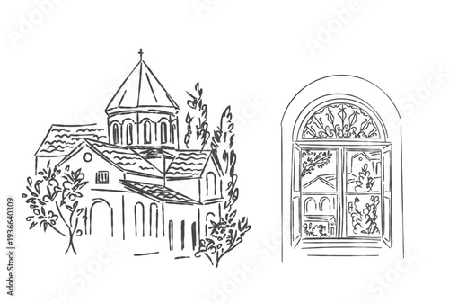 Mediterranean Church and Arched Window Sketch – Italian Architecture Line Art Illustration for Wedding, Save the Date Card Template