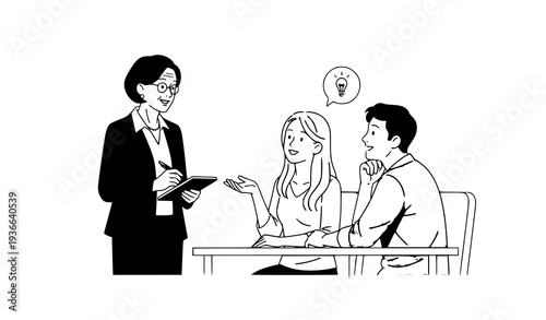 Professional advice meeting businesswoman and young couple vector illustration