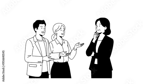 Business consultation young couple advising businesswoman flat vector illustration