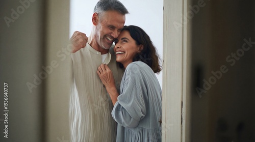 Empty nesters sharing a candid moment of explosive, unscripted laughter while lingering in the doorway of their peaceful weekend retreat.
