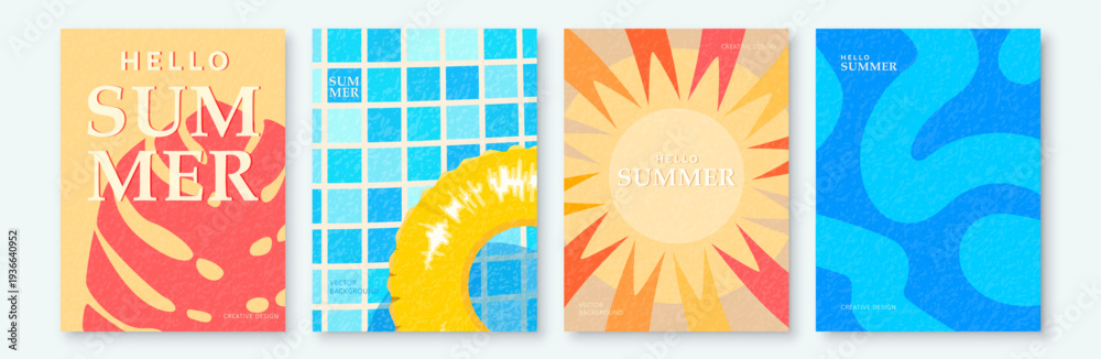 Naklejka premium Summer abstract vector backgrounds with swimming pool, sun, monstera leaf, water pattern. Hello Summer banner templates for social media, travel, vacation marketing. Minimal modern texture flat design
