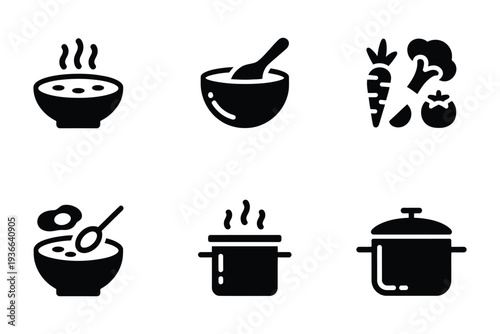 Soup Symbol Vector Simple Minimalist Cooking Pot with Vegetables Icon set