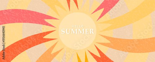 Hello Summer background with bright sun and rays. Abstract vector illustration of sunshine with grainy texture. Warm seasonal banner for holiday, vacation, summer sale promotion