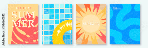 Summer abstract vector backgrounds with swimming pool, sun, monstera leaf, water pattern. Hello Summer banner templates for social media, travel, vacation marketing. Minimal modern texture flat design