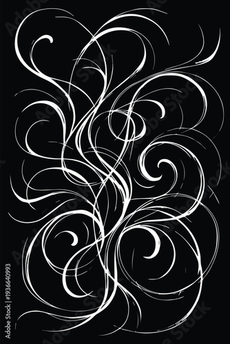 Simple vector background with a deep black base and many flowing white curved lines, forming an abstract artistic pattern with smooth movement.