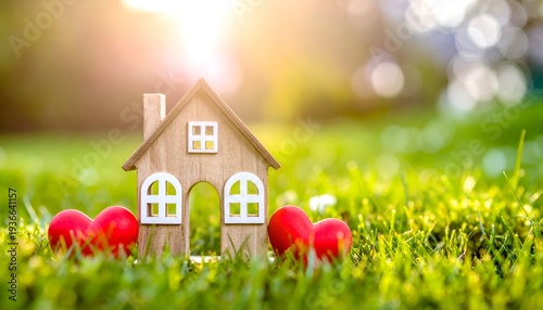 Wooden House with Red Heart Shapes Surrounded by Green Grass in Sunlight
