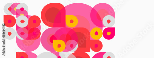 Abstract circles overlap, creating vibrant pinks, reds, yellows. White background emphasizes playful composition. Simple shapes dominate design.