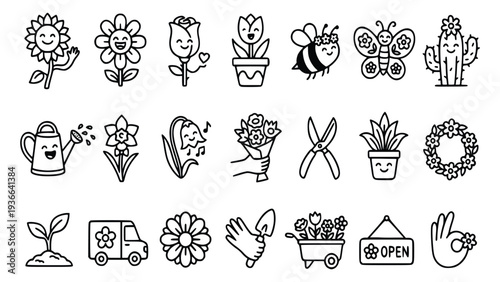 Collection of cute gardening icons featuring flowers, insects, and tools in a minimalist black and white design perfect for floral and botanical themed projects.
