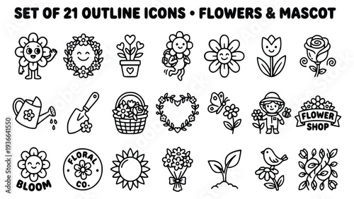 Collection of twenty one outline icons featuring flowers mascots and gardening elements in simple black line art style perfect for floral designs and creative projects.