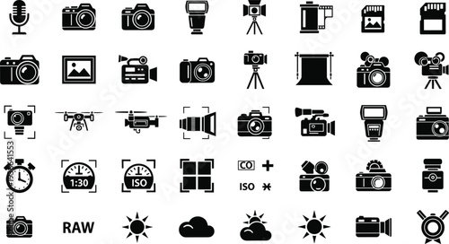 Professional photography equipment icon set, camera gear symbols, video production tools, drone and studio lighting, cad drawing flat vector illustration, isolated.