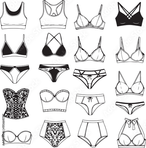 Bra design and panties styles vector flat silhouette icons set. Female underwear pictogram collection. Lingerie fashion infographic elements. Woman wardrobe garments. Various clothes isolated symbols