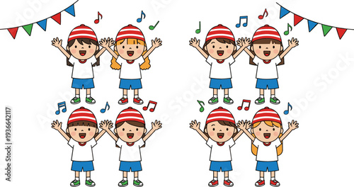 Happy children singing and celebrating party vector illustration kids with music notes festive cartoon characters celebration design