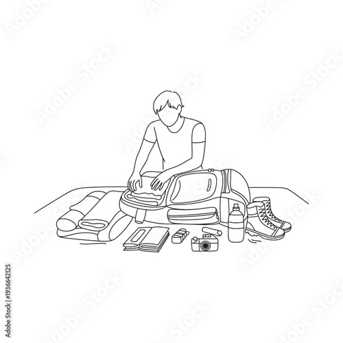 A young man prepares a backpack with travel essentials for an outdoor trip