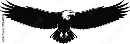 Powerful bald eagle with spread wings vector illustration, black and white flying raptor logo design isolated on white background