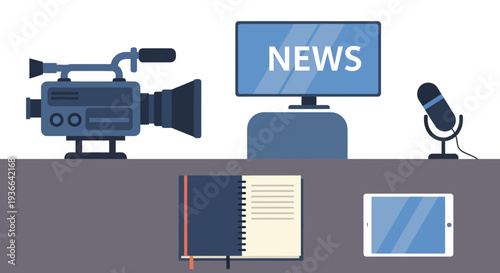 News broadcasting equipment and media devices on a desk.