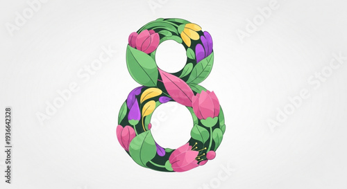 Floral number eight with colorful tulips and leaves on white background for decoration